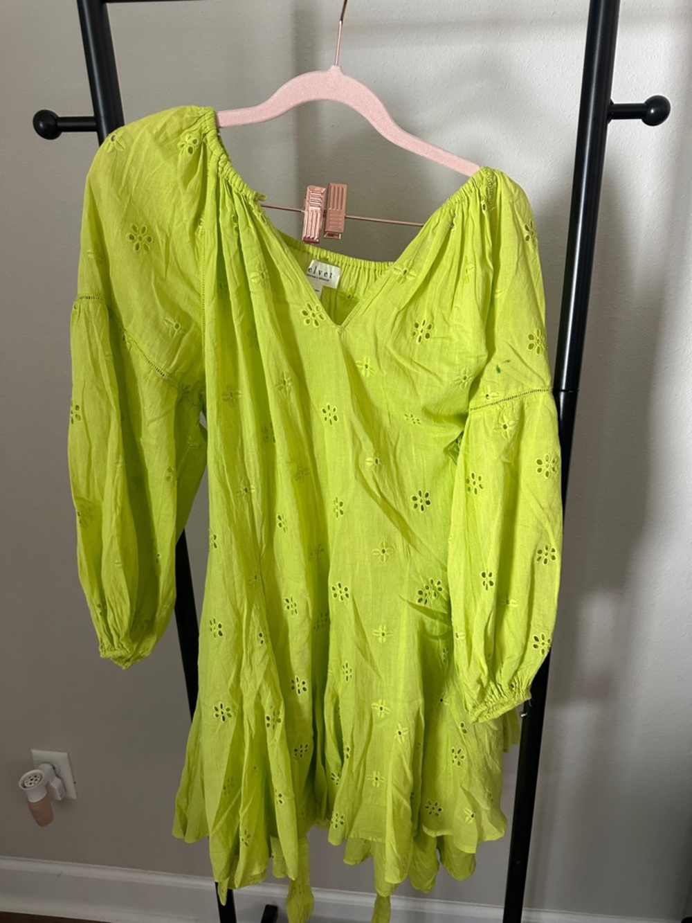 Velvet Lime Green Eyelet Long Sleeve Dress